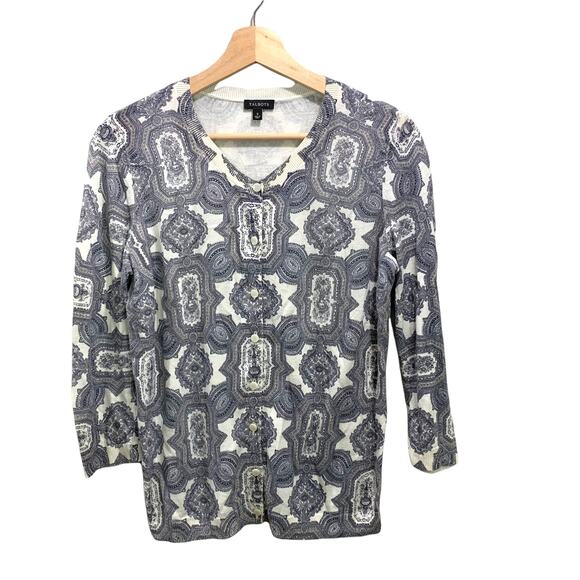 Talbots Blue Ivory Medallion Print Lightweight Cardigan Sweater S Small - Picture 1 of 7